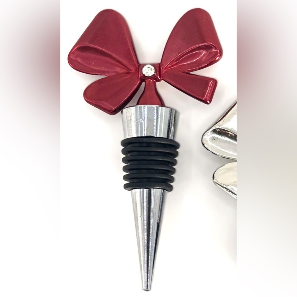 4" Stainless Steel Red Metallic Christmas Holiday Bow Wine Bottle Stopper New